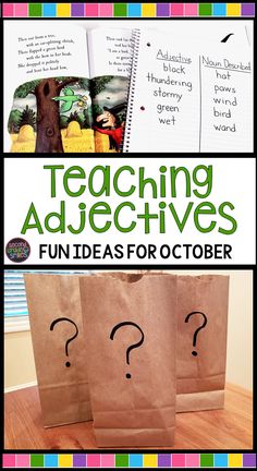 two bags with question marks on them and the words teaching adjuces fun ideas for october