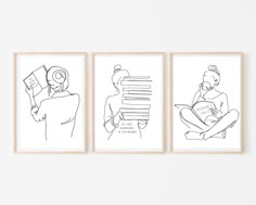 three black and white drawings on a wall next to each other, one with a woman reading