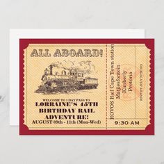 an old fashioned ticket with the words all aboard on it and a red border around it