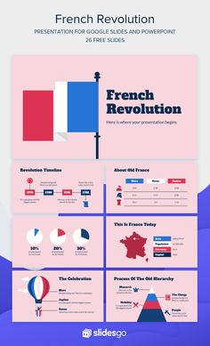 the french revolution powerpoint presentation is shown in red, white and blue with an image of