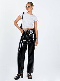 Pants  Slim fitting  55% PU 45% polyester  Vinyl material  High rise  Belt looped waist  Button fastening    Four classic pockets  Straight leg  Non-stretch  Unlined Vinyl Pants, Festival Pants, Coachella Outfit, Eve Outfit, Fleece Dress, New Years Eve Outfits, Outerwear Outfit, Loungewear Sets, Faux Leather Pants