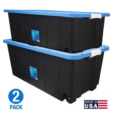 two large black storage containers with blue lids