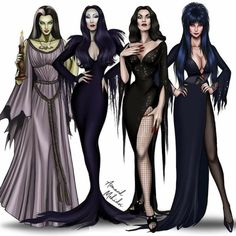 three women dressed up as witches with long black hair