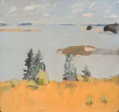 an oil painting of trees and water in the foreground with yellow grass on the ground