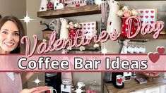 a woman standing in front of a coffee bar with pink letters and hearts on it