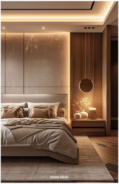 a large bed sitting in a bedroom next to a wall mounted light above it's headboard