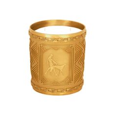 a gold colored ring with a horse on it's side and an image of a woman riding a horse in the center