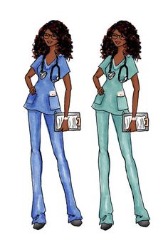 two women in scrubs are standing next to each other, one with a stethoscope