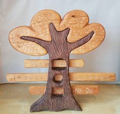 a wooden tree with several names on it