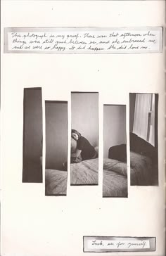 an open book with black and white photos on it's pages, including a person laying in bed