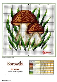 a cross stitch pattern with a mushroom on the front and side, in green grass