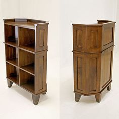 two wooden shelves side by side, one with open doors and the other without doors