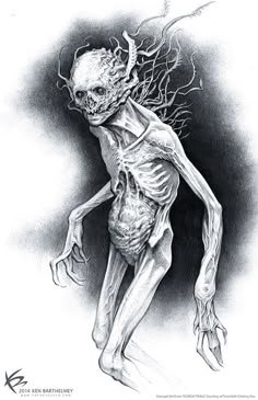 a black and white drawing of a skeleton with branches on it's back legs