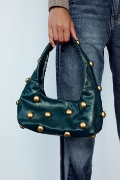 EMBELLISHED SHOULDER BAG - Blue | ZARA United States Top Handle Shoulder Bag With Gold-tone Hardware, Double Handle Bag With Gold-tone Hardware, Green Evening Shoulder Bag With Metal Hardware, Green Shoulder Bag With Metal Hardware For Evening, Green Handheld Shoulder Bag With Gold-tone Hardware, Evening Shoulder Bag With Brass Hardware, Chic Baguette Shoulder Bag With Metal Hardware, Leather Party Baguette Satchel, Trendy Hobo Bag With Gold-tone Hardware