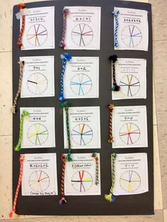 a bulletin board with several different colored circles and beads on it's sides, along with instructions for each section