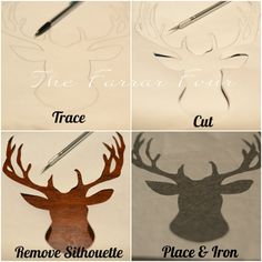 four different types of deer head cutouts with the words trace out, remove silhouette and iron