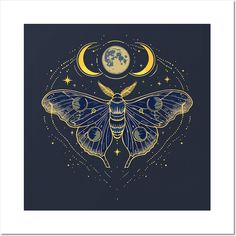 a moth sitting on top of a moon with stars and the moon in the background