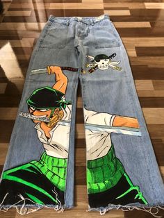 Zoro Inspired Outfits, One Piece Clothes Anime, Zoro Outfits, Custom Painted Clothes, One Piece Zoro, Diy Pants, رورونوا زورو