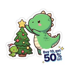 a sticker with a dinosaur next to a christmas tree