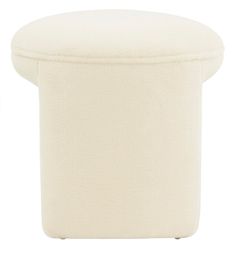 a white stool with a round cushion on top and two legs in the back ground