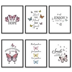 four framed pictures with butterfly sayings on them