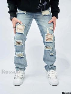 Russoo - Mens Spring/Summer Casual Denim Pants: Slim Fit, Distressed Solid Color, Street Style Ripped Jeans Style Ripped Jeans, Slim Fit Ripped Jeans, Denim Pants Mens, Casual Denim Pants, Distressed Denim Jeans, Mens Spring, Casual Street Style, Color Street