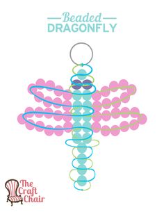 the poster for beaded dragonfly is shown in pink, blue and green colors