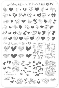 hearts and flowers are drawn in black ink on white paper