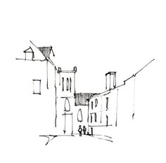 a black and white drawing of some buildings