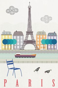 an illustration of the eiffel tower in paris with birds flying over it and buildings