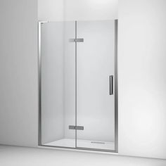 a glass shower door in a white room