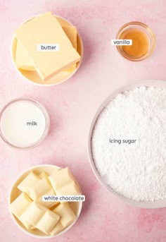 ingredients to make white chocolate fudges laid out on a pink background with text