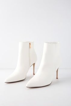 Selenah White Pointed Toe Ankle Booties White Heels Boots, White Boots Heels, White Pointed Heels, White Heel Boots, Feminine Shoes, White Ankle Boots, High Heeled Boots, Wedding Boots, White Booties