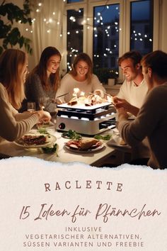 a group of people sitting around a table with food