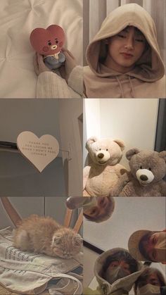 there is a collage of pictures with teddy bears and other things in them,