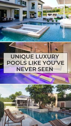 These are the top luxury backyard design features our clients ask us about the most because they instantly give a yard "WOW factor - unique modern pools like you've never seen before!  These luxury pool designs take our client's modern luxury backyards to a new level.  Check out these unique backyard pools here! Expensive Pools Luxury, Dreamy Pool Aesthetic, Modern Pool Area Design, Transitional Backyard With Pool, Swimming Pools Backyard Design, Pool Material Ideas, Cool Pool Designs, Luxury Swimming Pools Outdoor