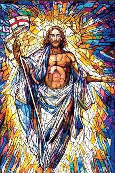 stained glass painting of jesus with his arms spread out and hands in the air, surrounded by multicolored lines