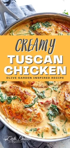 creamy tuscann chicken in a pan with spinach and cheese on the side