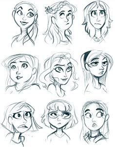 sketches of different faces and hair for the character from frozen water, which appears to be drawn