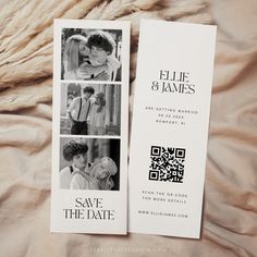 two wedding save the dates cards on a bed