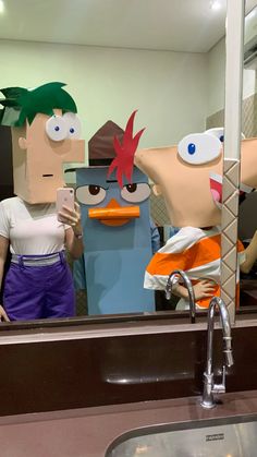 three cartoon characters are standing in front of a bathroom mirror, one is looking at his cell phone