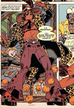 a comic strip with an image of a woman dressed in leopard print clothes and boots