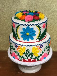 three tiered cake decorated with colorful flowers on a white plate and wooden table top