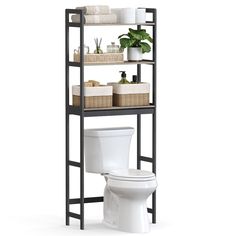 a bathroom shelving unit with a toilet and plants on the top shelf, in front of a white background