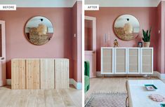 before and after shots of a living room with pink walls, white furniture and wooden flooring