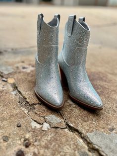 These silver Rhinestone Booties would be a statement piece to any outfit. The multiple size Rhinestone stones add character and make these booties stand out. They are 9.5" tall with a 3" heel. Free Earrings, Statement Pieces, Heels, Boots, Best Deals, Silver