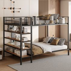 a bunk bed in a room with wood paneling and metal shelves on the wall