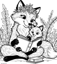 a fox and her cub reading a book