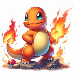 an orange and white pokemon sitting on top of a pile of rocks next to a fire