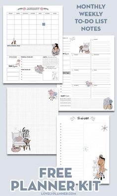 the printable planner kit includes two pages, one with an image of a woman sitting on